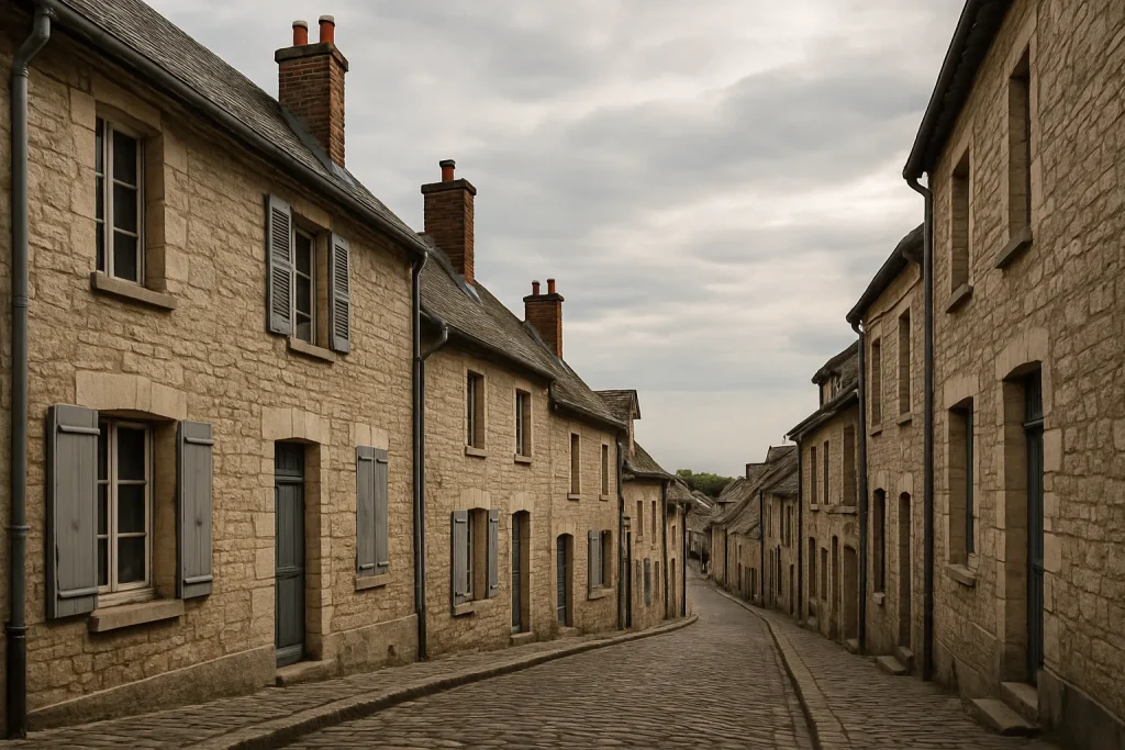 Rue ancienne de la Somme avec maisons en pierre sous un ciel nuageux.