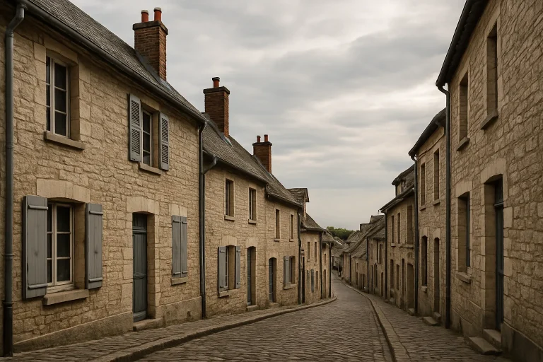 Rue ancienne de la Somme avec maisons en pierre sous un ciel nuageux.