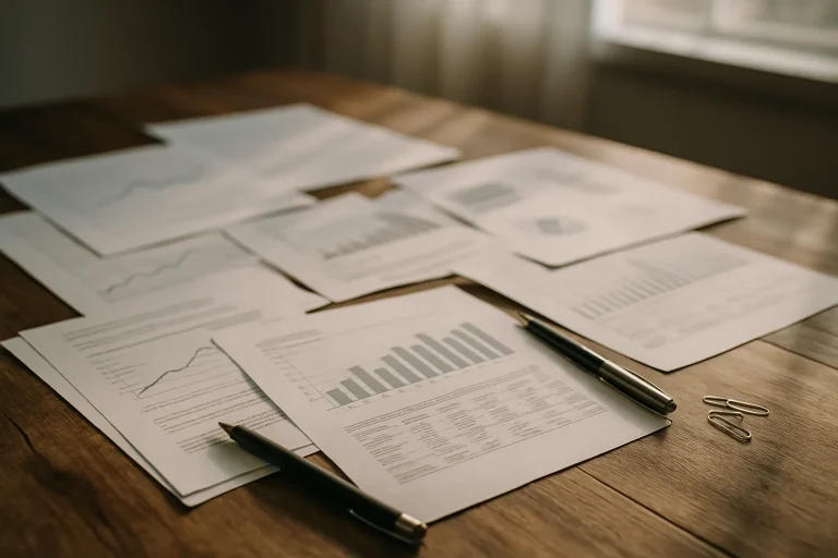 Table avec des documents, stylos et trombones, lumière naturelle.