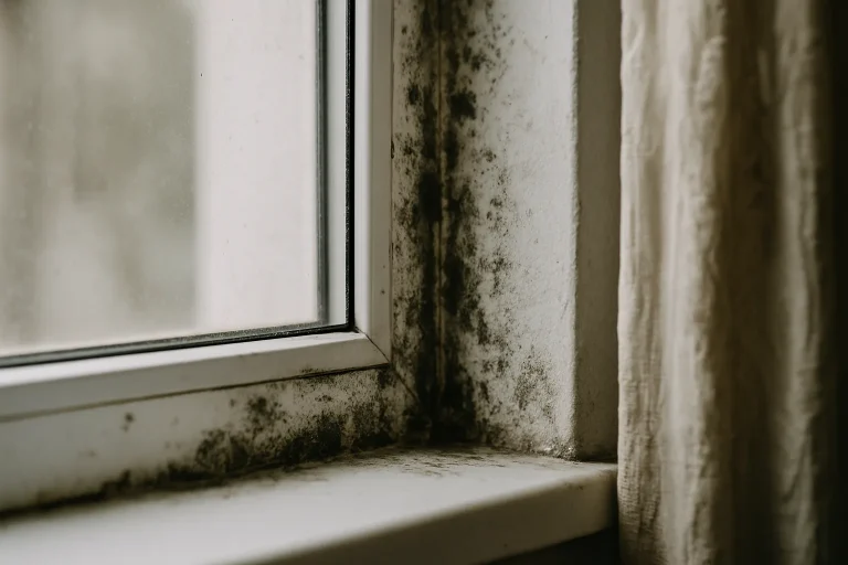 Gros plan montrant des moisissures autour d'une fenêtre, signe de logement insalubre.