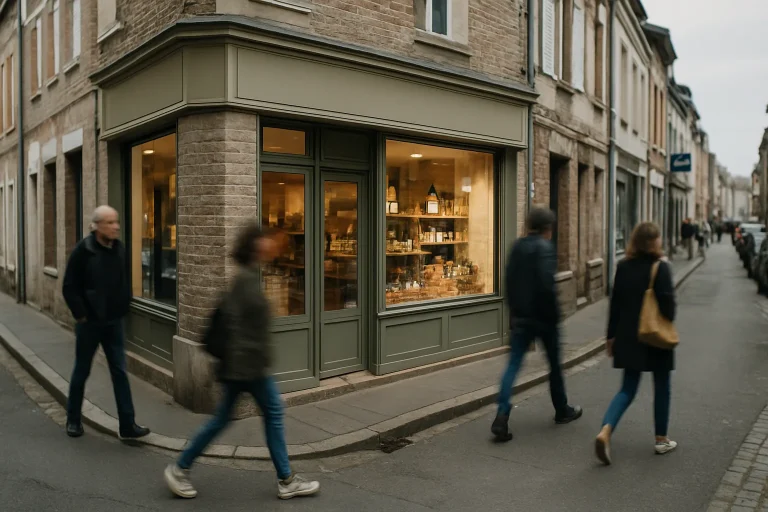Commerce local dans une rue de la Somme avec vitrines et passants visibles