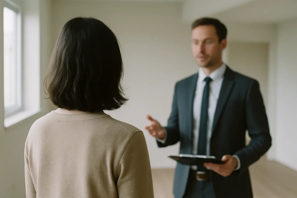 Silhouette de dos discutant avec un agent immobilier dans un appartement vide.