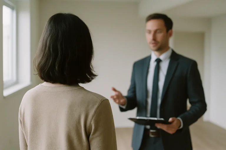 Silhouette de dos discutant avec un agent immobilier dans un appartement vide.