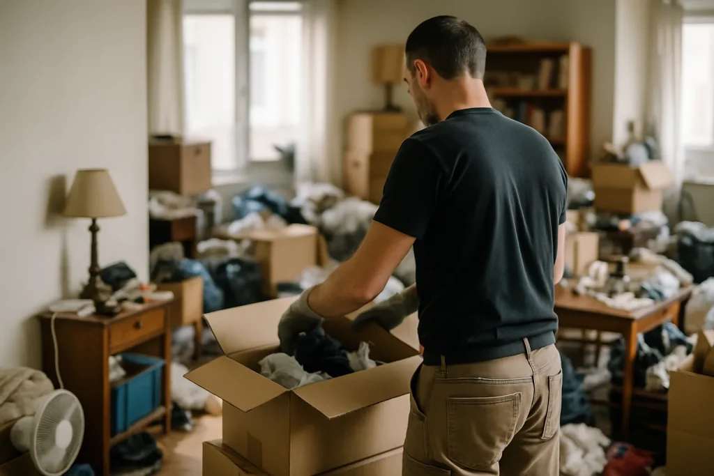 Un expert en débarras triant des objets dans un appartement encombré, arrière-plan flou.