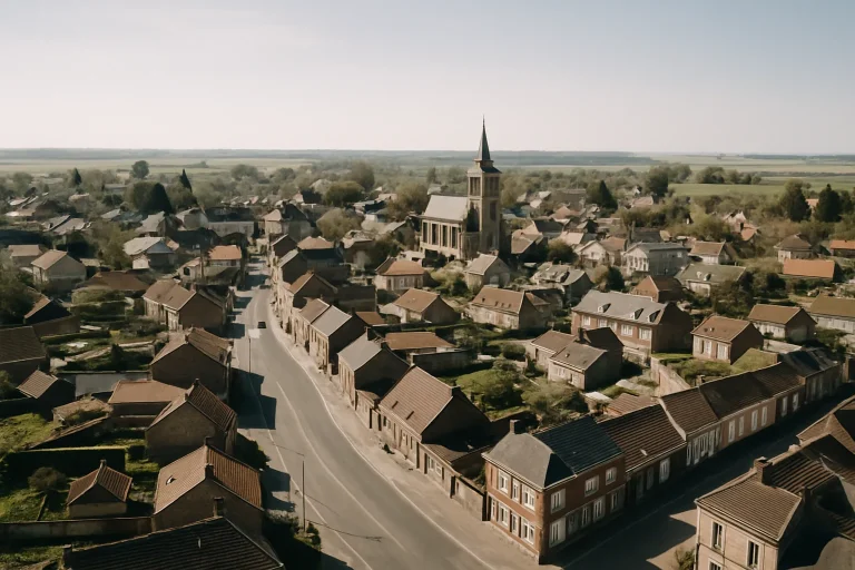 Vue aérienne d'une petite ville de la Somme avec bâtiments et rues.