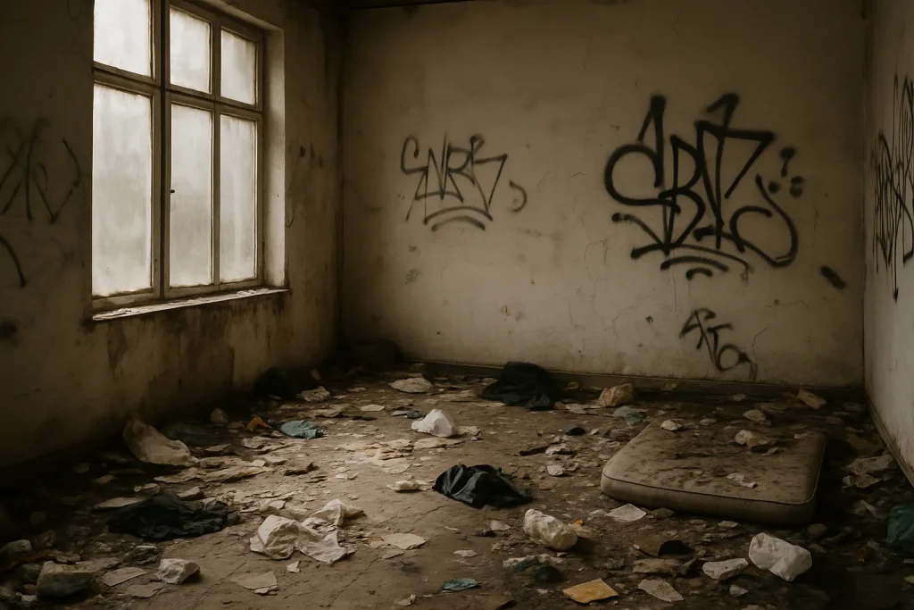 Intérieur d'un appartement avec déchets et murs tagués, lumière douce