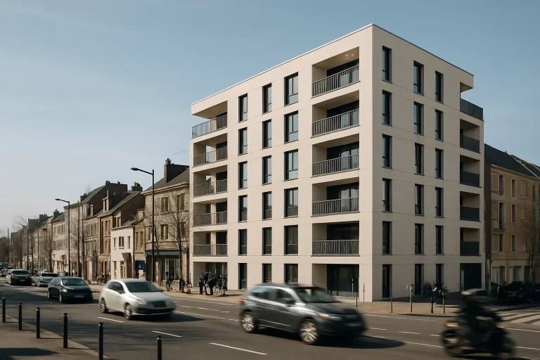 Vue extérieure d'un immeuble moderne à Amiens, rue animée et ciel dégagé.