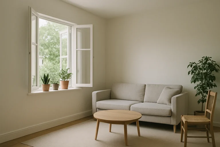 Intérieur d'une pièce lumineuse avec fenêtre ouverte et plantes en pot
