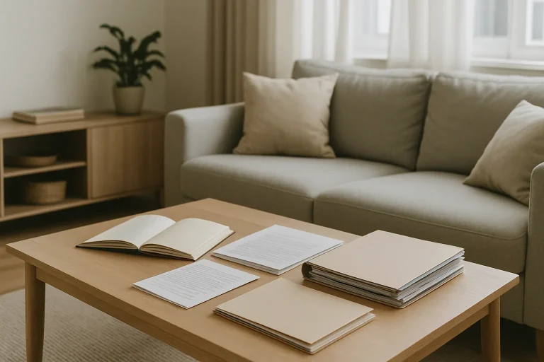 Salon bien rangé avec des documents organisés sur une table, lumière douce.