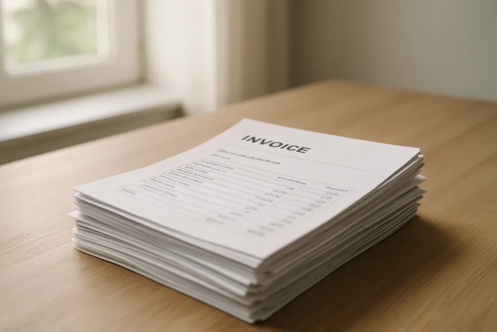 Pile de factures de nettoyage sur une table en bois, lumière naturelle