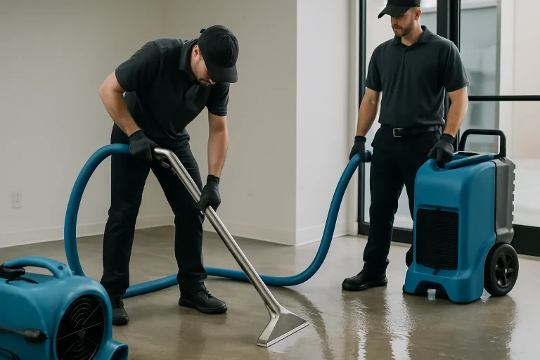 Deux techniciens utilisent des outils pour sécher un plancher inondé dans un local commercial.