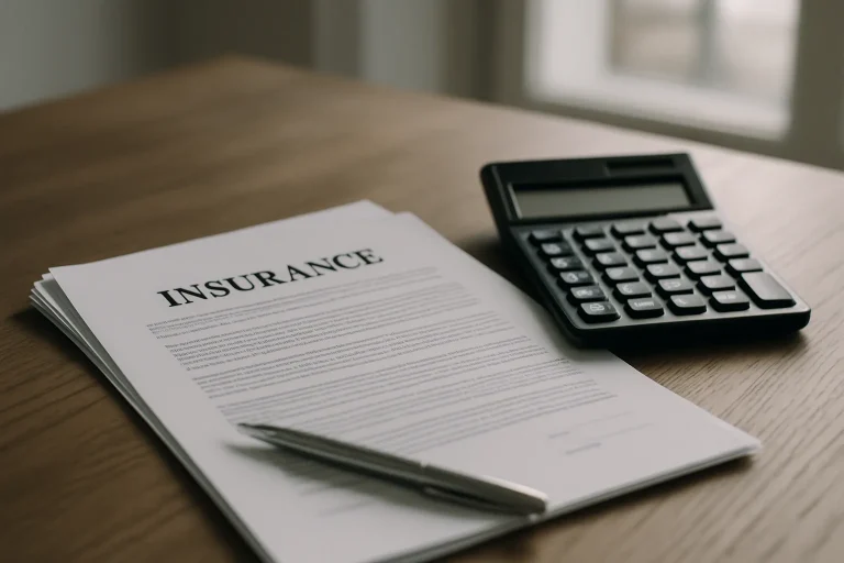Gros plan sur un contrat d'assurance avec une calculatrice sur une table en bois, éclairage naturel.