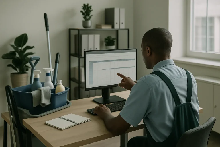 Agent de nettoyage consultant un planning sur ordinateur dans un bureau professionnel