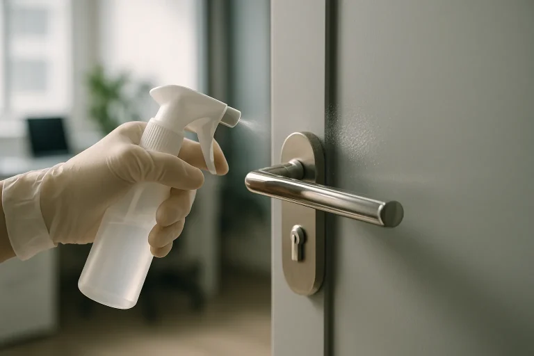 Main gantée désinfectant une poignée de porte dans un bureau, lumière naturelle