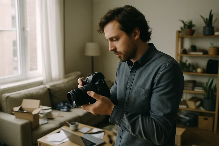 Photographe ajustant son appareil dans un appartement encombré avec lumière naturelle douce.