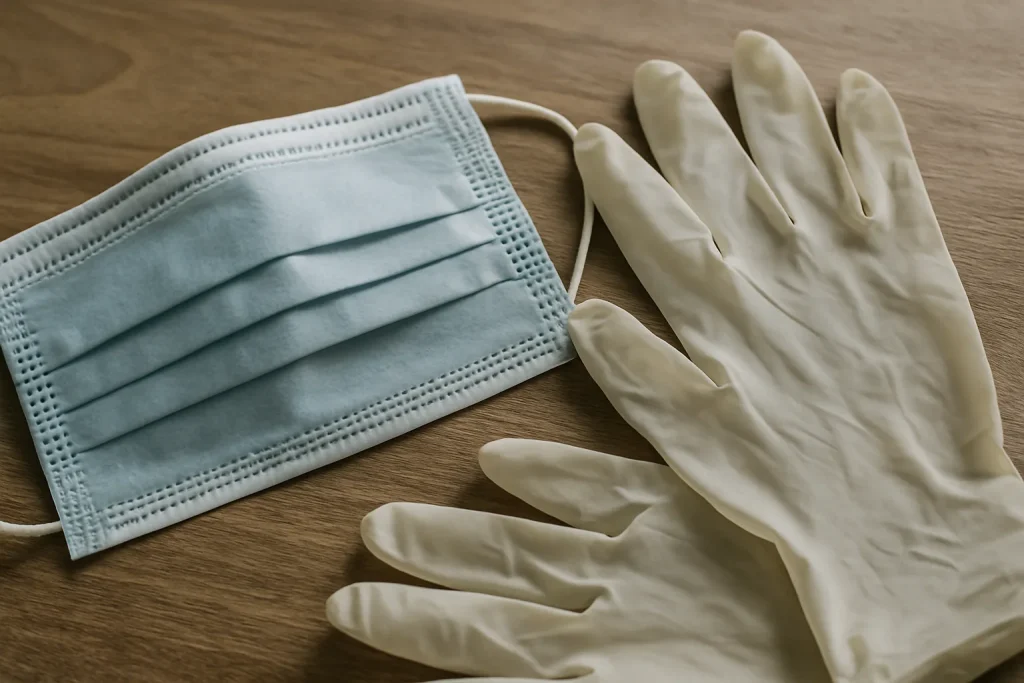 Masque de protection et gants en caoutchouc sur une table, plan rapproché