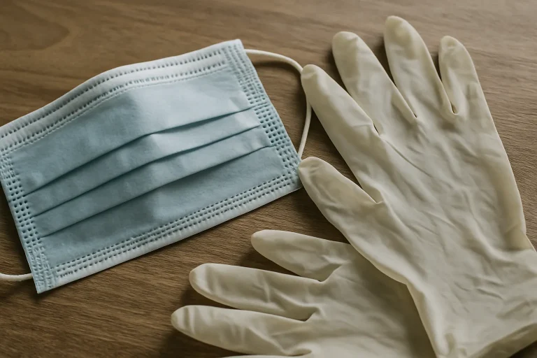Masque de protection et gants en caoutchouc sur une table, plan rapproché