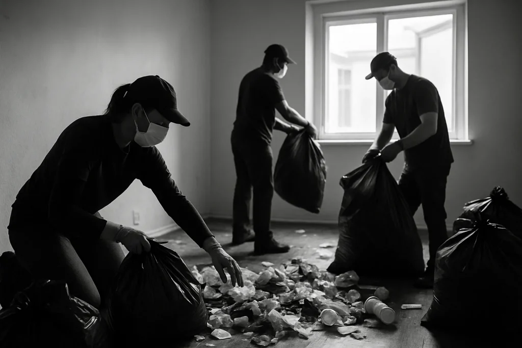 Équipe de nettoyage triant des déchets lors d'un nettoyage après expulsion