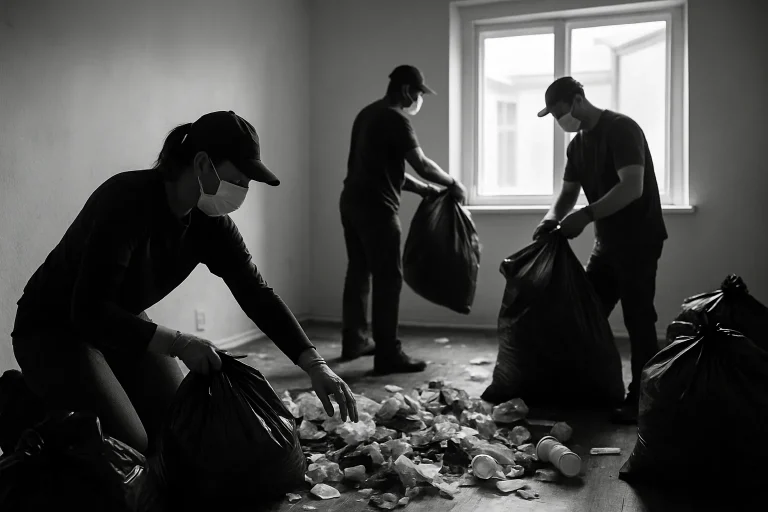 Équipe de nettoyage triant des déchets lors d'un nettoyage après expulsion