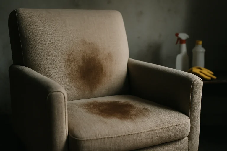 Fauteuil taché avec objets de nettoyage flous en arrière-plan, éclairage latéral