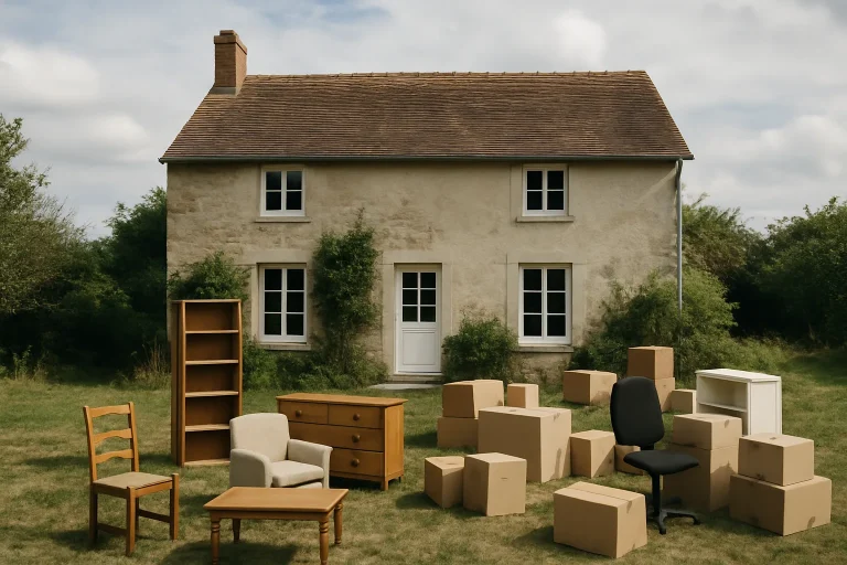 Maison de campagne encombrée de meubles et cartons, lumière du jour.