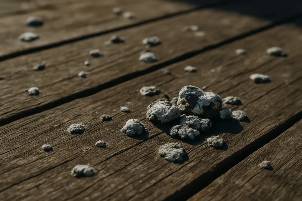 Gros plan sur des fientes de pigeon sur des planches de bois dans un grenier avec lumière naturelle