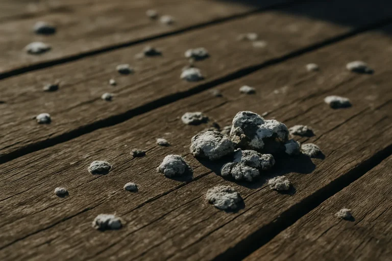 Gros plan sur des fientes de pigeon sur des planches de bois dans un grenier avec lumière naturelle