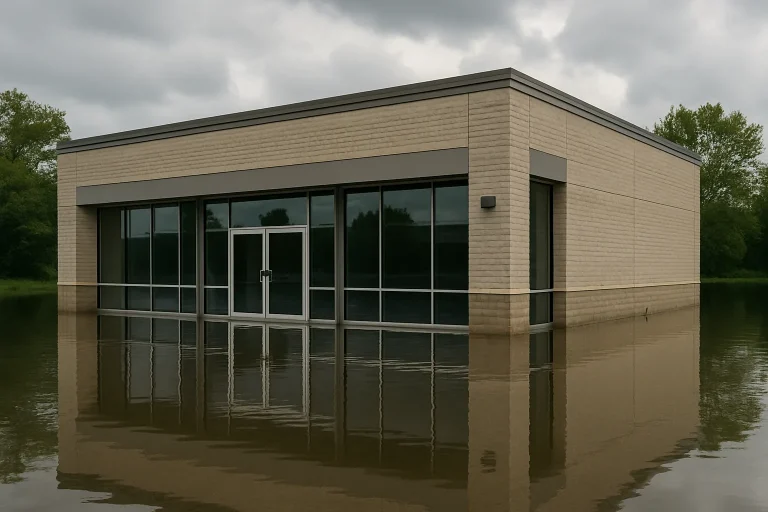 Bâtiment commercial inondé dans la Somme, ciel nuageux, reflets d'eau.