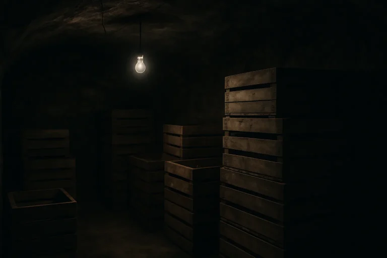 Cave sombre avec caisses empilées, nécessitant des précautions après infestation de rats.