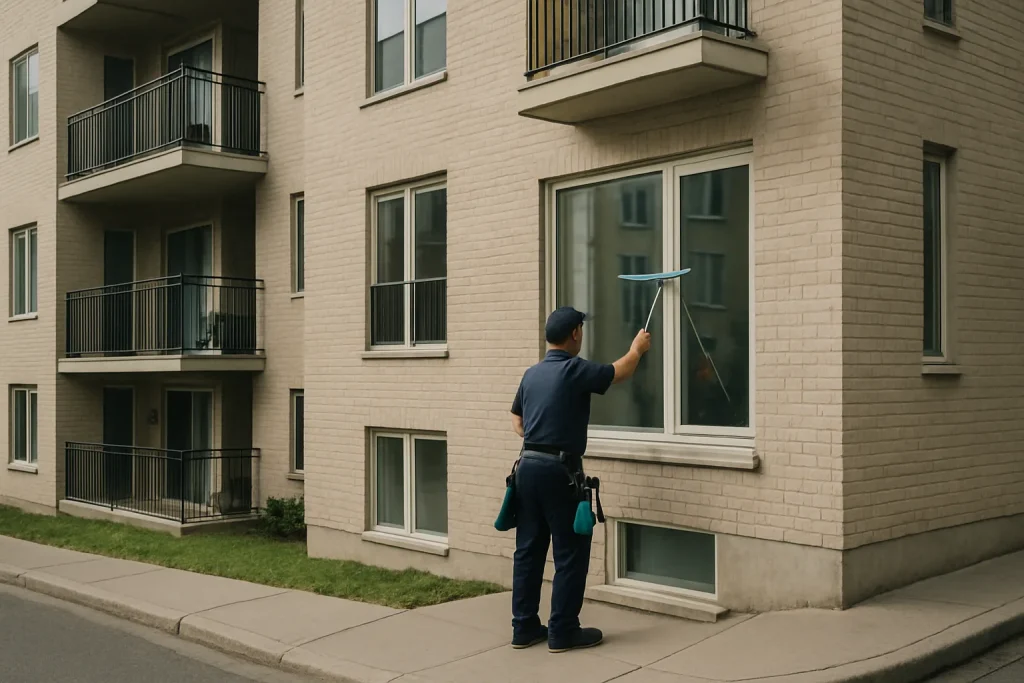 Vue d'une copropriété avec un professionnel nettoyant les vitres, soleil éclairant la scène