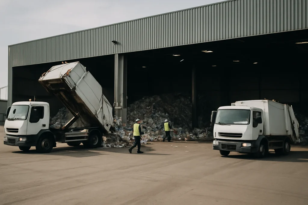 Centre de tri des déchets avec camions et travailleurs en gilets jaunes en action.