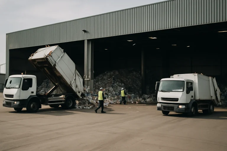 Centre de tri des déchets avec camions et travailleurs en gilets jaunes en action.