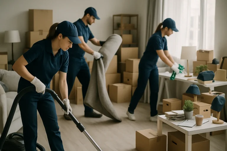 Professionnels en action nettoyant un logement désordonné, lumière neutre