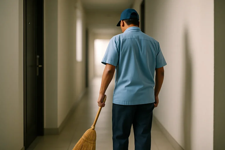 Agent de nettoyage vu de dos dans un couloir, tenant un balai, lumière douce