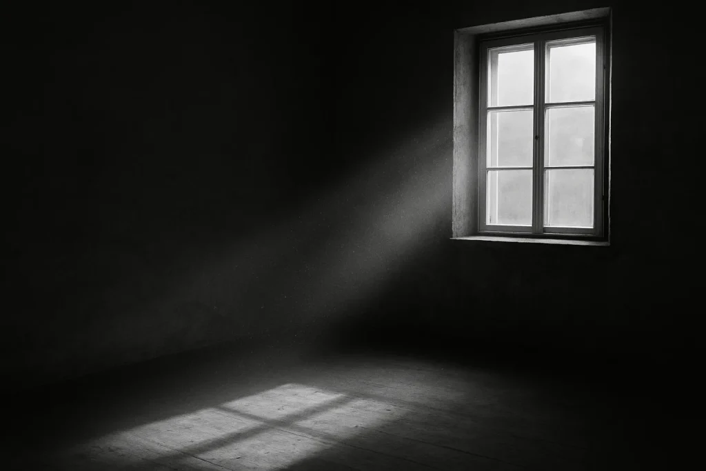 Pièce sombre avec lumière traversant la fenêtre, poussière flottante visible