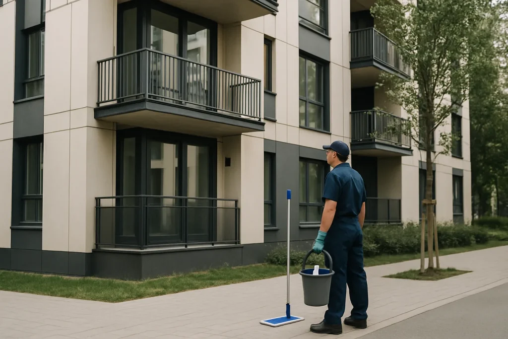 Agent de nettoyage en uniforme près d'un immeuble résidentiel moderne en plein jour.