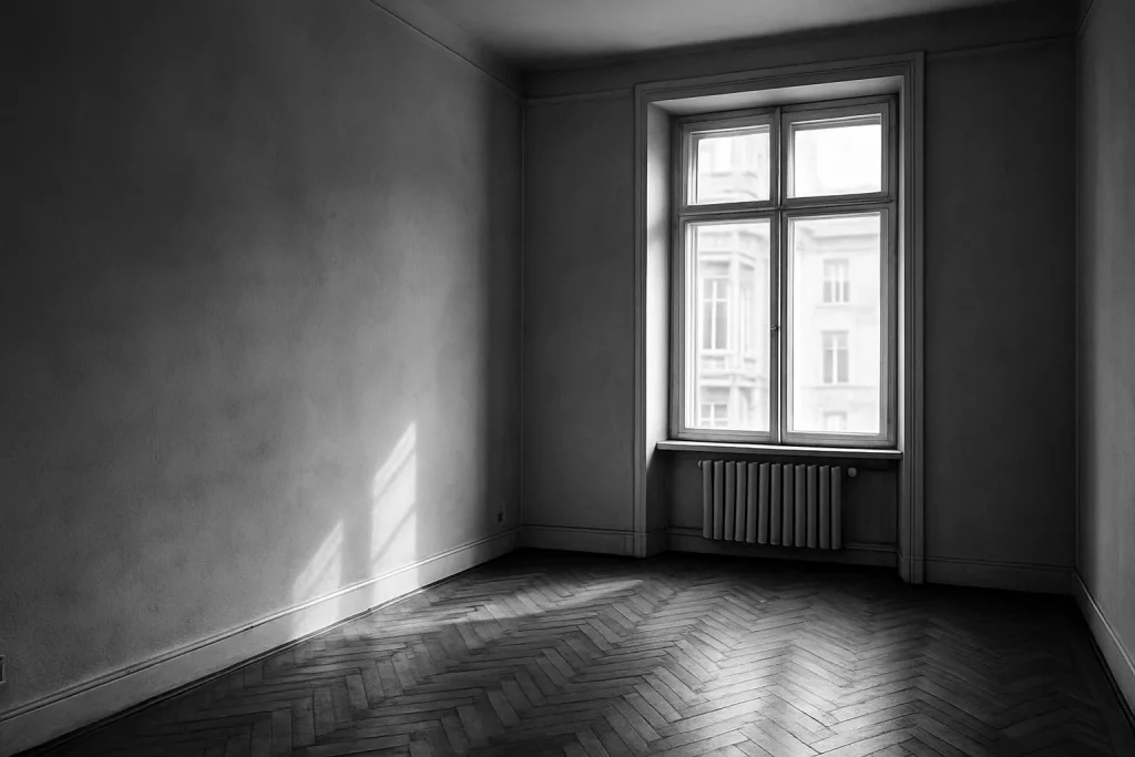 Intérieur d'un appartement vide avec parquet ancien et lumière naturelle
