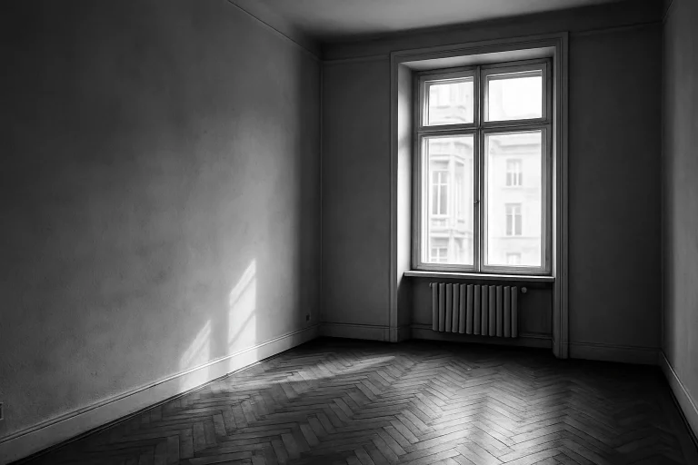 Intérieur d'un appartement vide avec parquet ancien et lumière naturelle