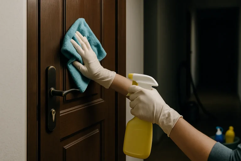 Mains gantées nettoyant une porte d'entrée dans un couloir sombre, outils visibles.