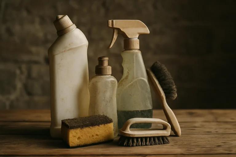 Produits de nettoyage usés sur table en bois, fond mur en pierre flou